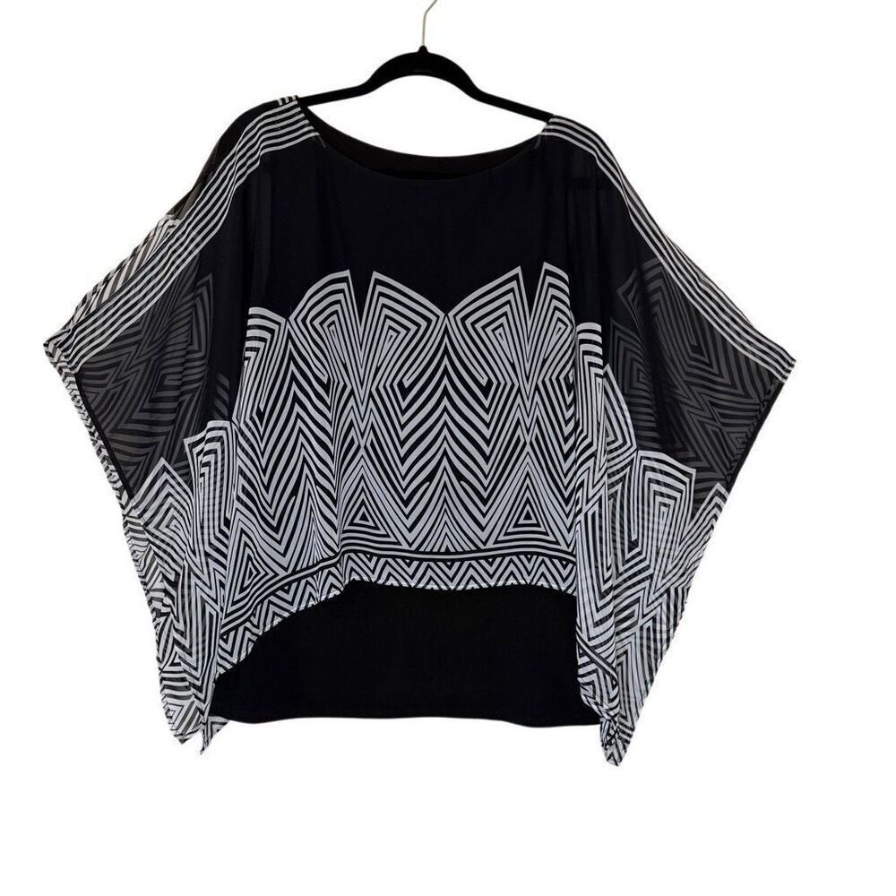 Frank‎ Lyman Top Black and White Sheer Chiffon Overlay Poncho Size 10 Old Money
